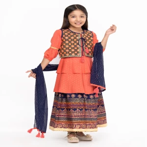 Coral Printed and Embroidered Linen Ghagra Choli with Coaty